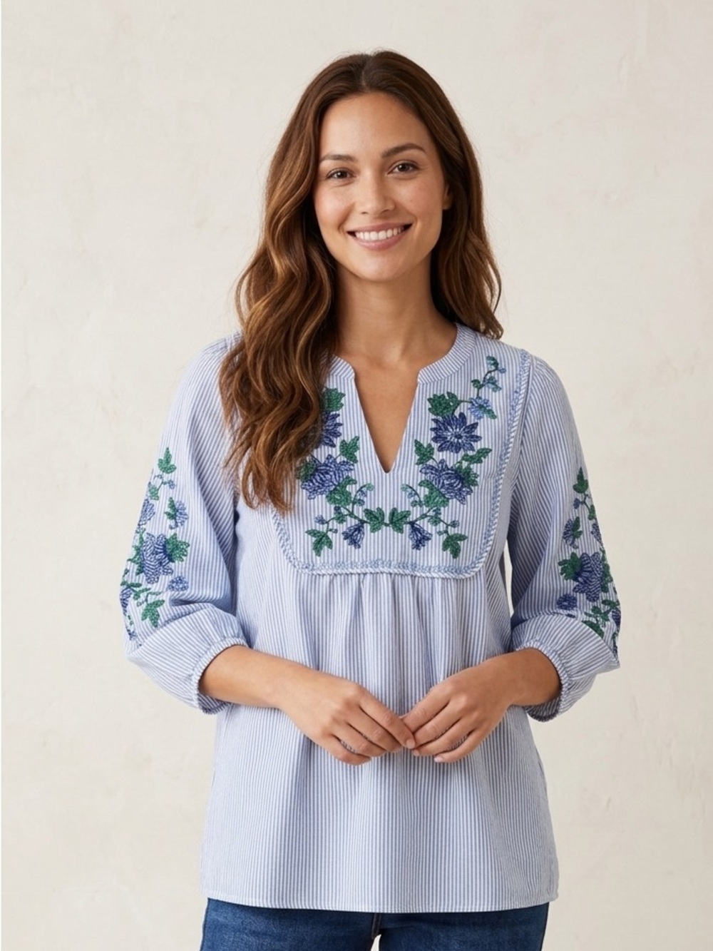Talbots Blue White Striped Floral Embroidered 3/4 Sleeve Popover Top Large